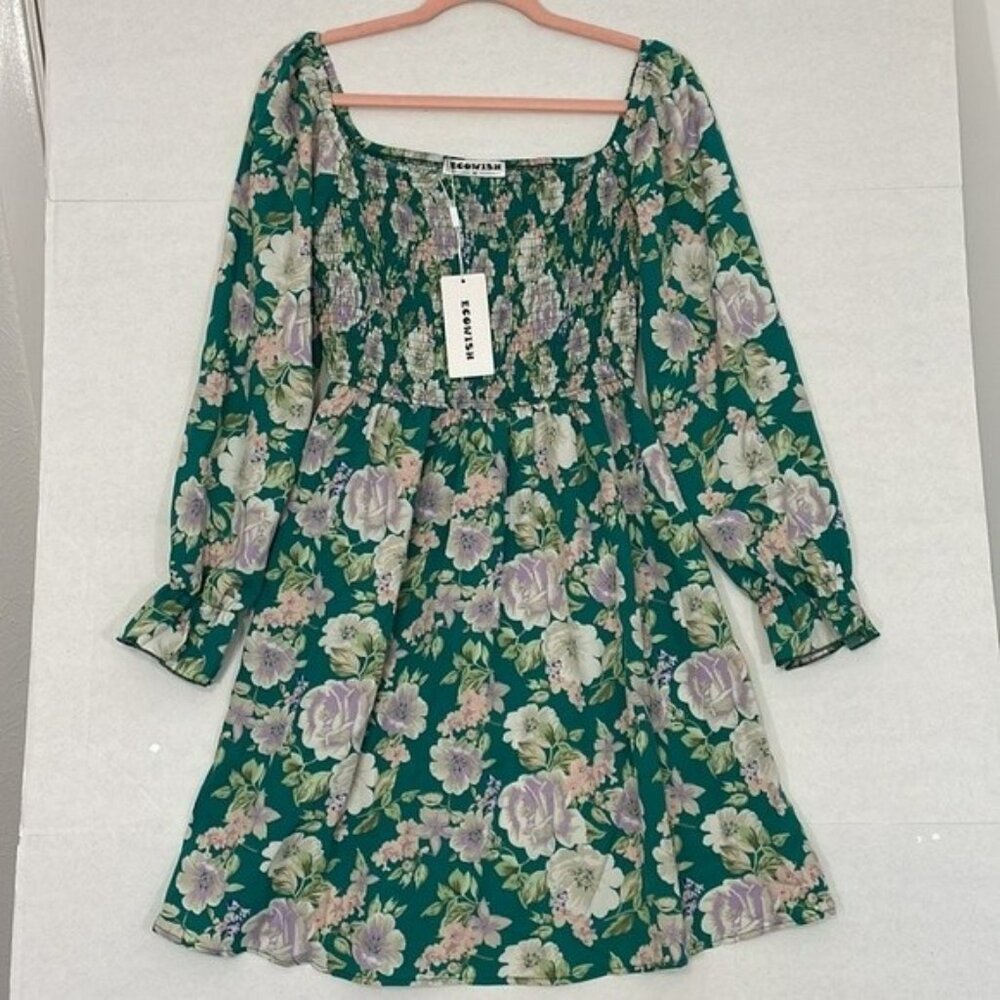 EcoWish Mini Dress NWT Smocked, Ruffle Cuffs, Green with Multicolor Floral, Med